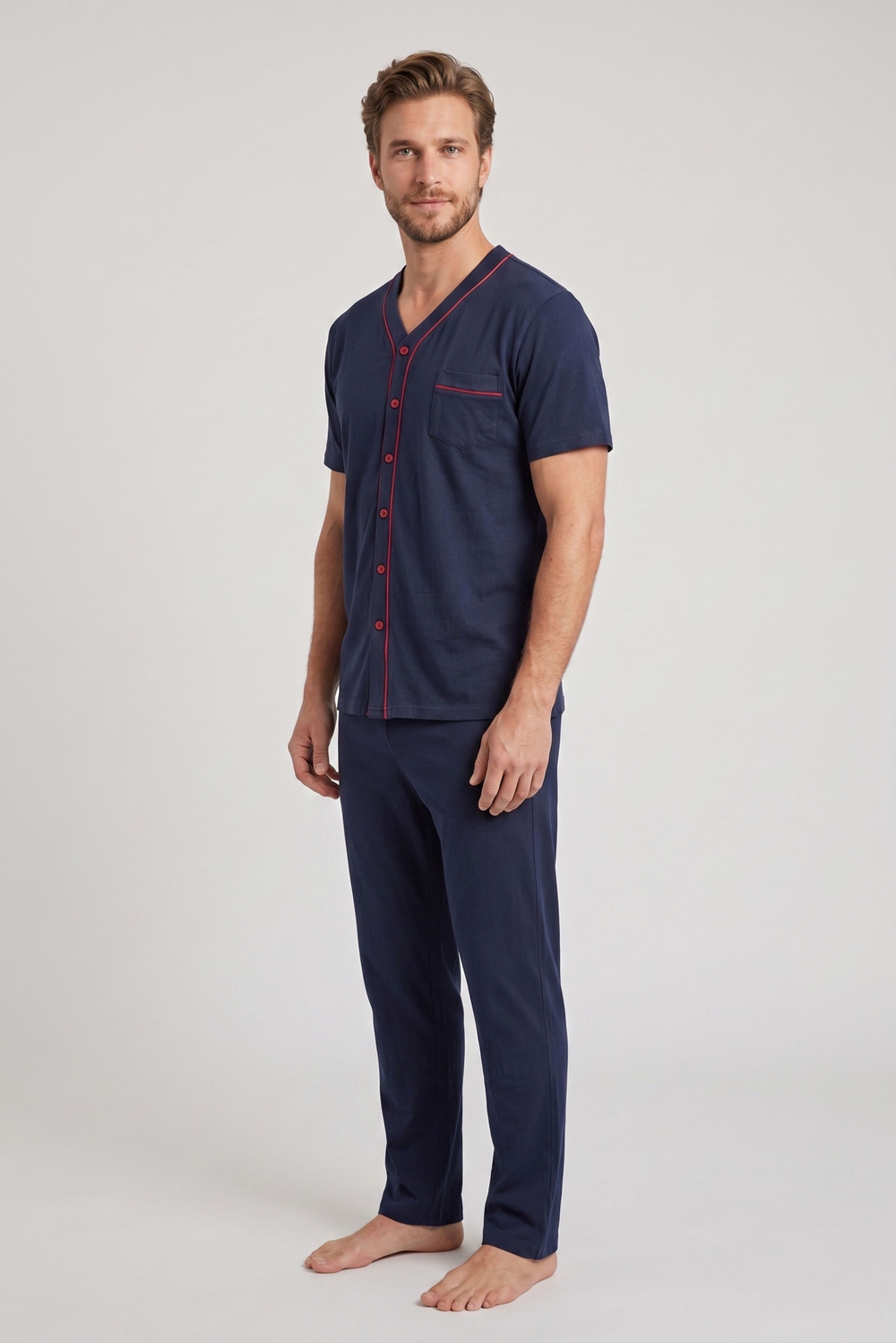 Erkek Lacivert Battal Önden Düğmeli Pijama Takımı