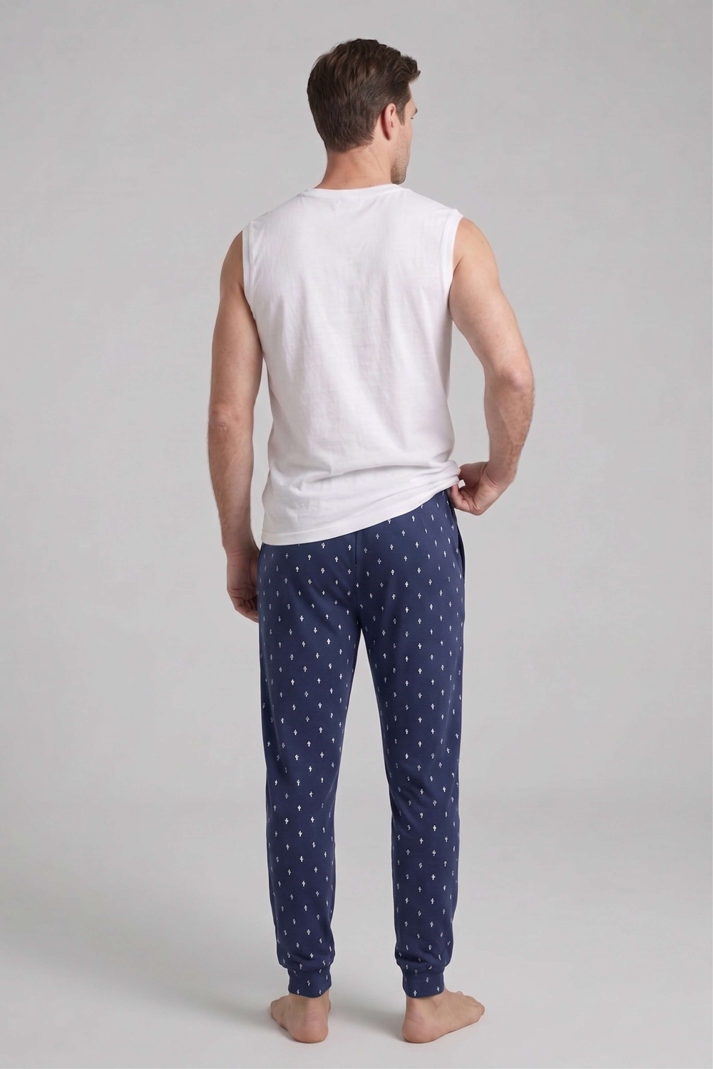 Erkek Lacivert Kaktüs Desen Bant Paça Pijama Altı
