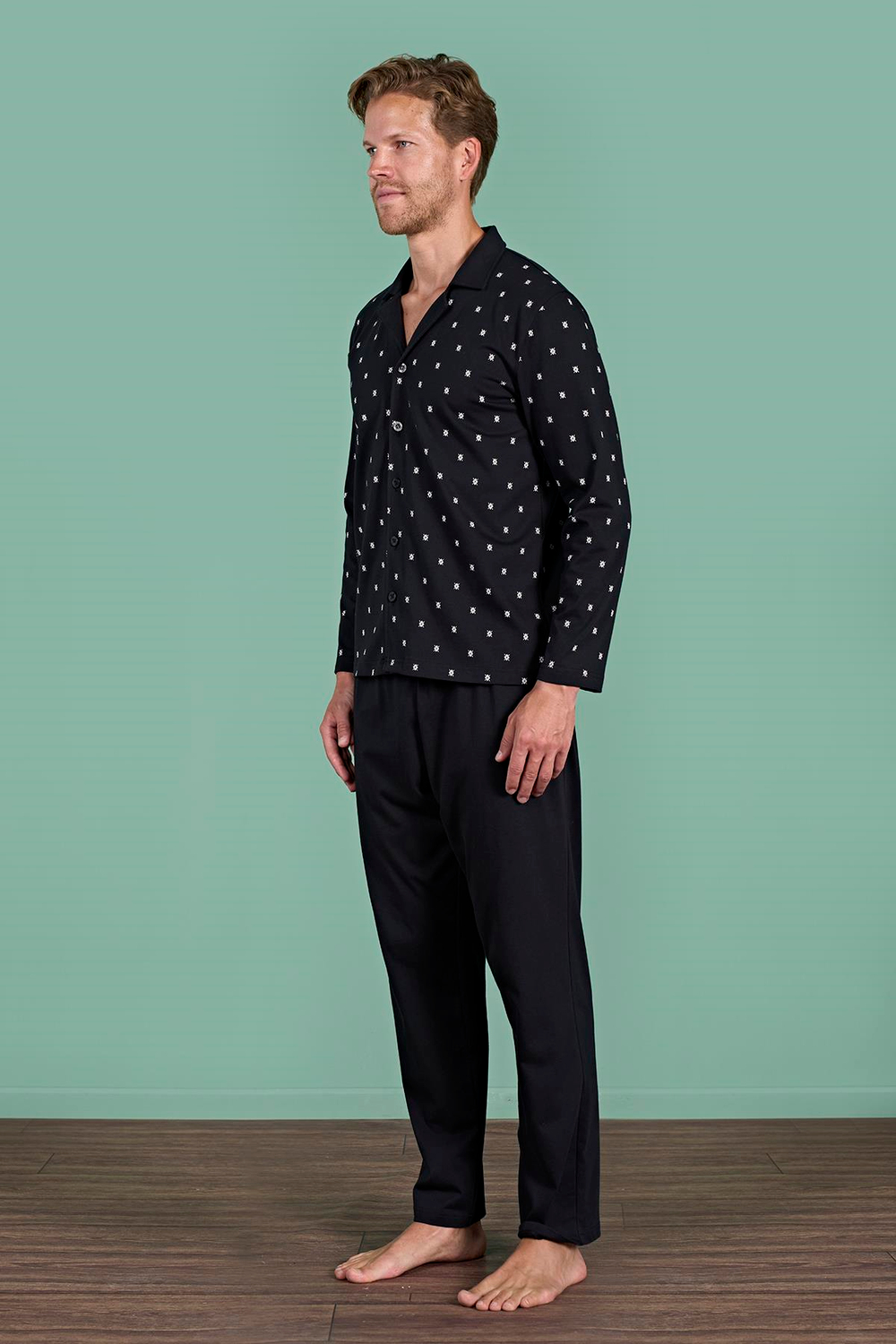 Erkek Siyah Önden Düğmeli Pijama Takımı