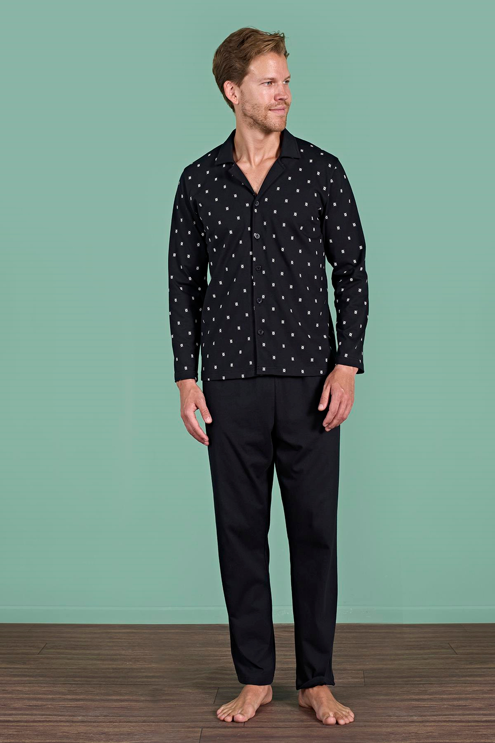 Erkek Siyah Önden Düğmeli Pijama Takımı