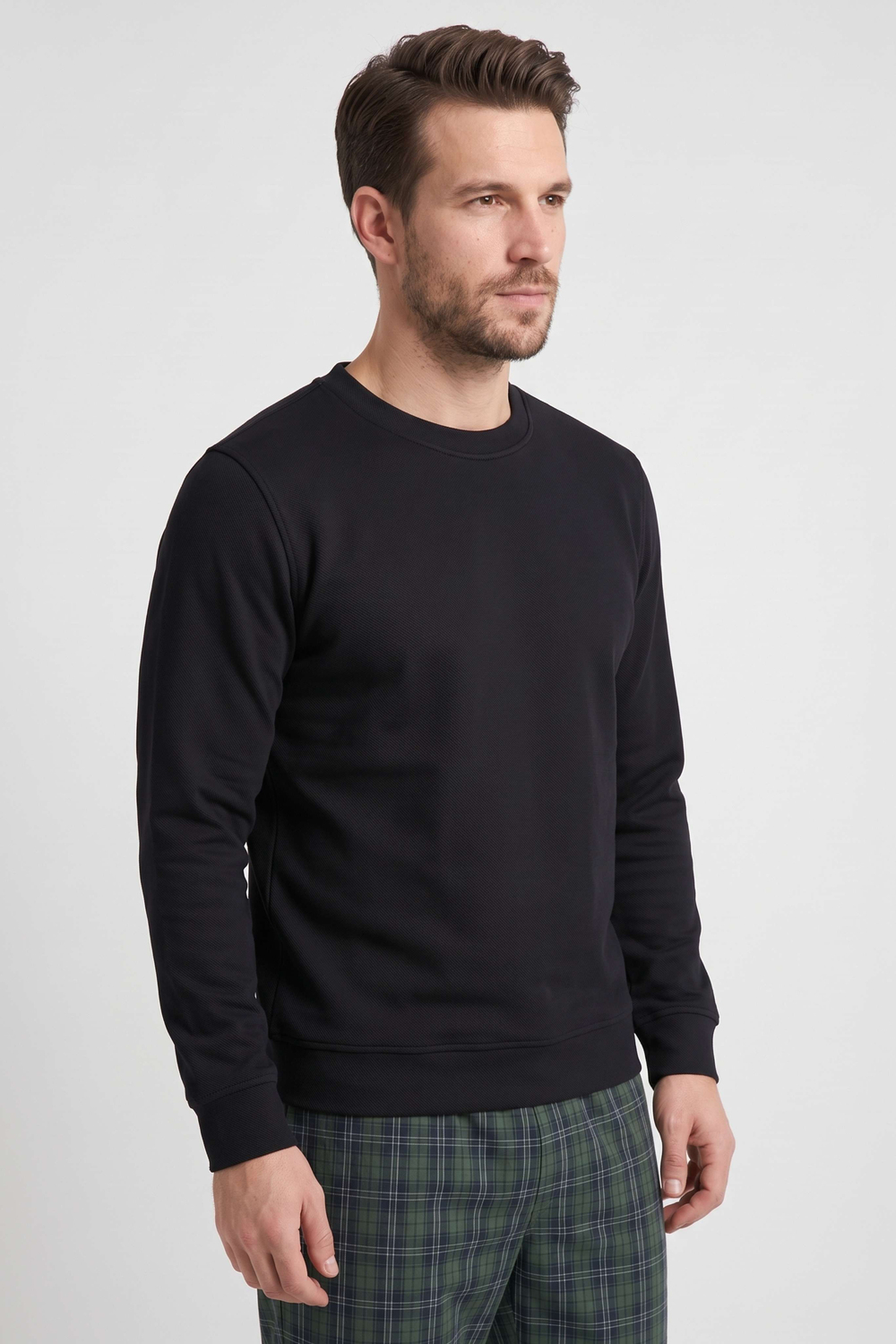 Erkek Siyah Pike Dokulu Bisiklet Yaka Uzun Kol Sweatshirt