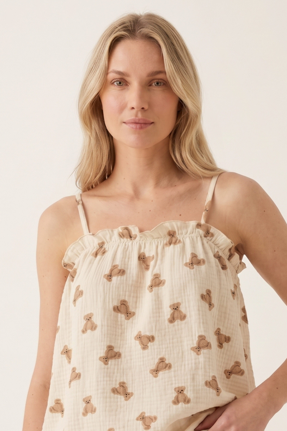Kadın Ayı Desen İp Askılı Pijama Üstü