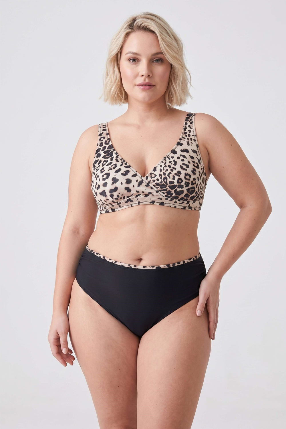 Kadın Battal Leopar Desen Kruvaze Toparlayıcı Yüksek Bel Bikini Takım