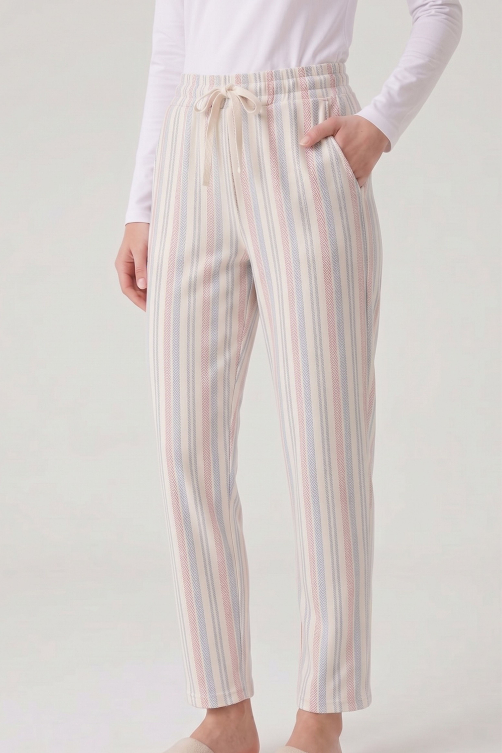 Kadın Bej Çizgili Comfort Pijama Altı