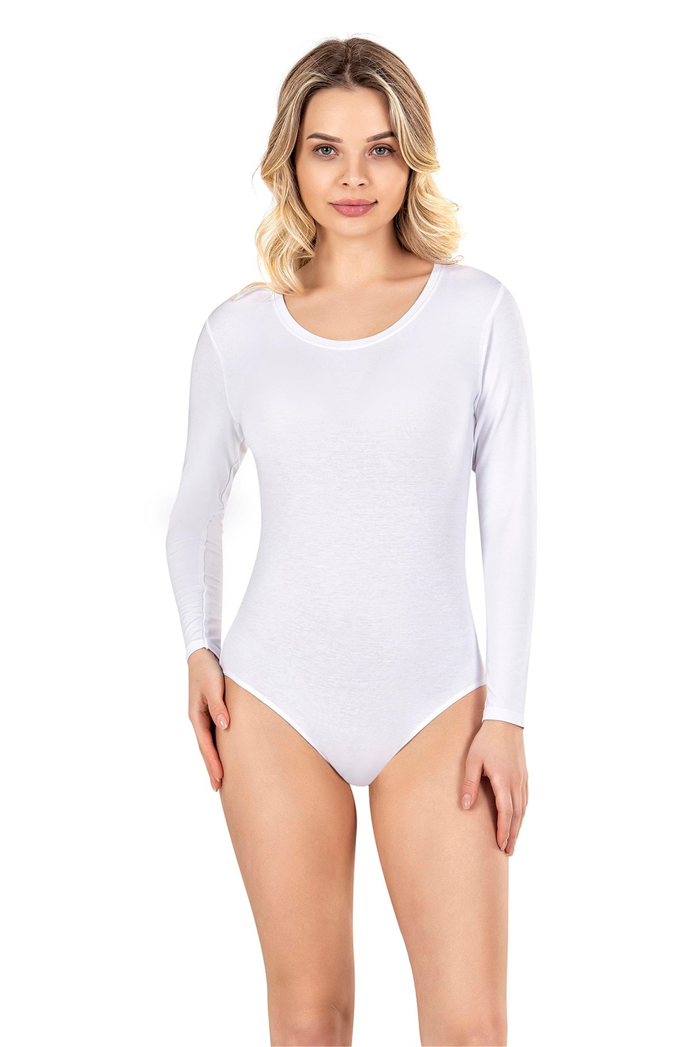 Kadın Beyaz Penye Modal Açık Yaka Uzun Kol Çıtçıtlı Body