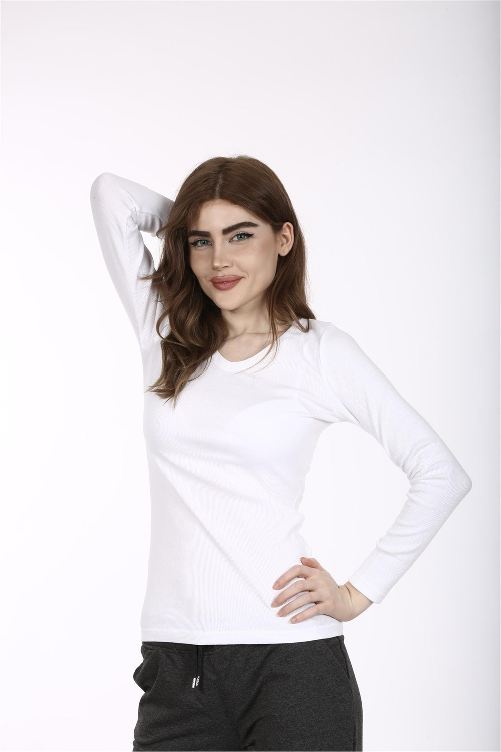 Kadın Beyaz Uzun Kol V Yaka Body