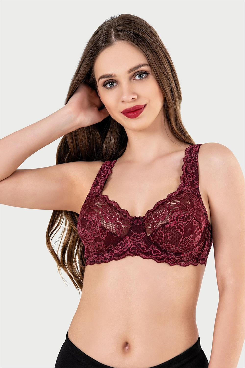 Kadın Bordo Balenli Dantel Minimizer Sütyen
