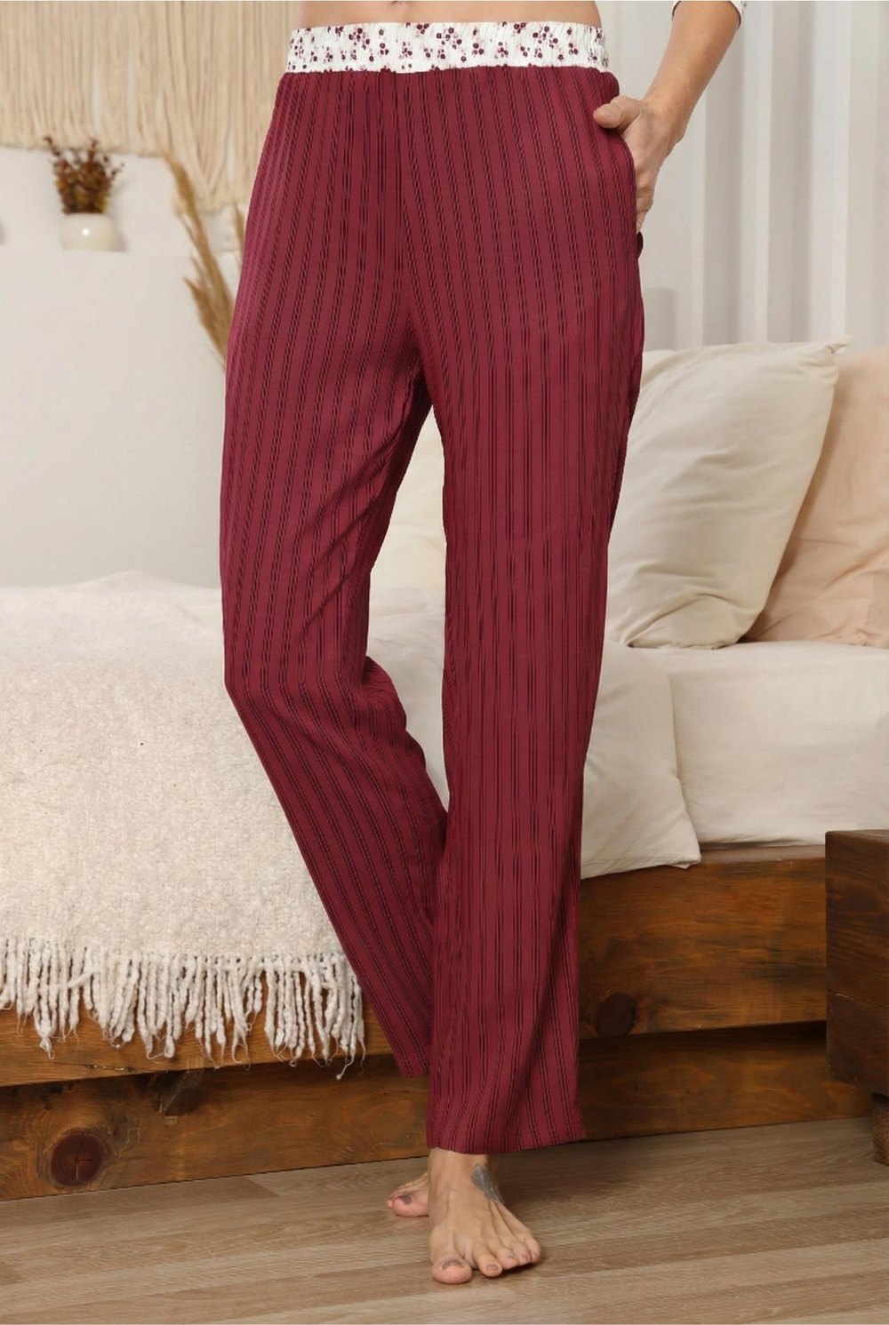 Kadın Bordo Çizgili Pijama Altı
