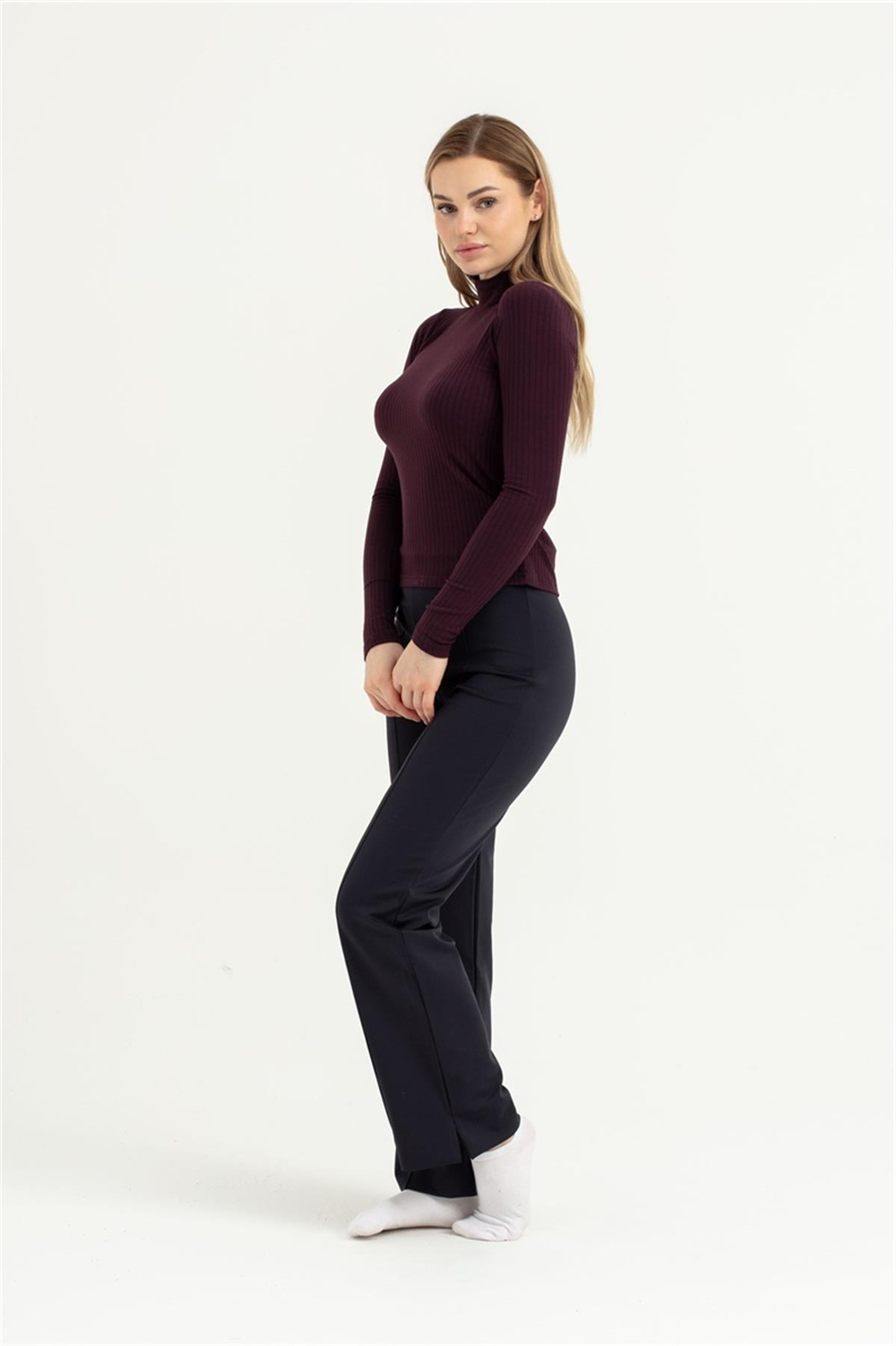 Kadın Bordo Dik Yaka Uzun Kol Body