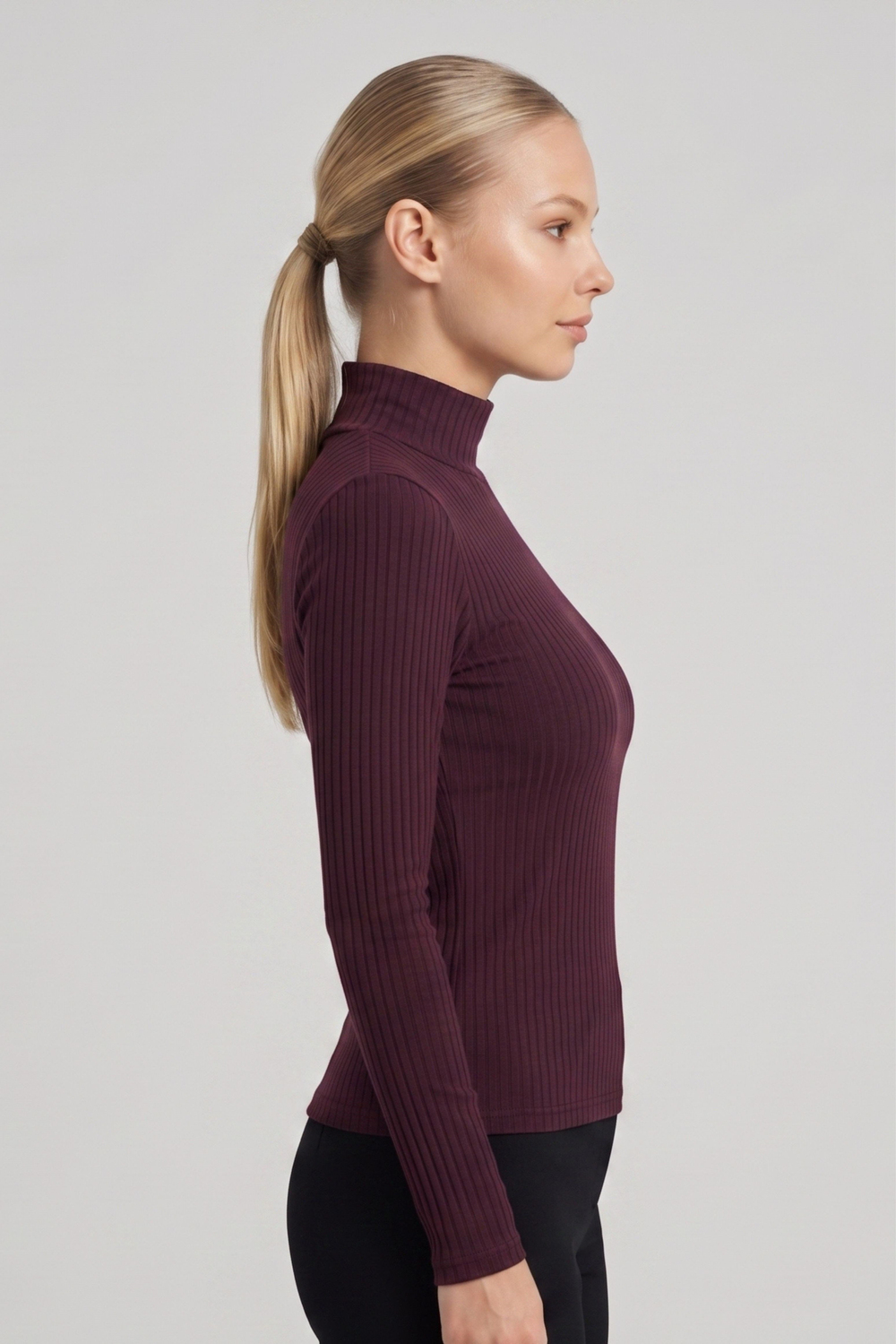Kadın Bordo Dik Yaka Uzun Kol Body