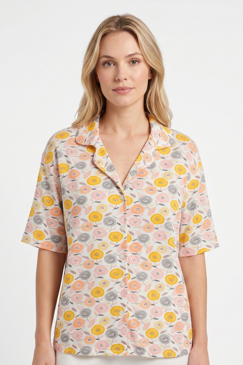 Kadın Çiçek Desenli Önden Düğmeli Pijama Üstü