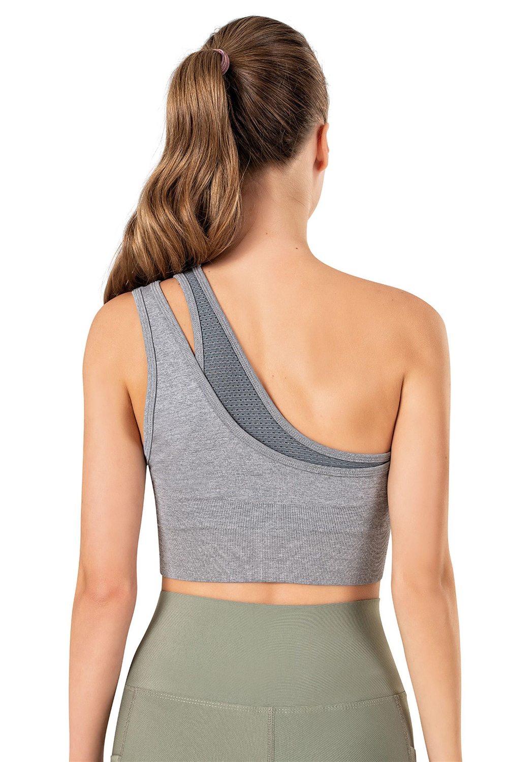 Kadın Gri Dikişsiz Tek Omuz Spor Bralet