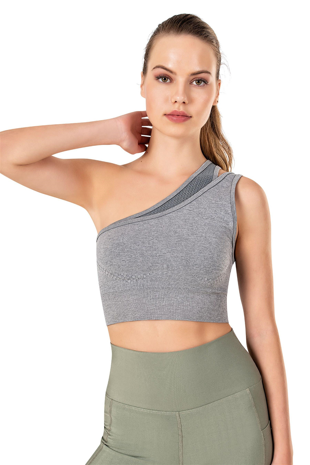 Kadın Gri Dikişsiz Tek Omuz Spor Bralet