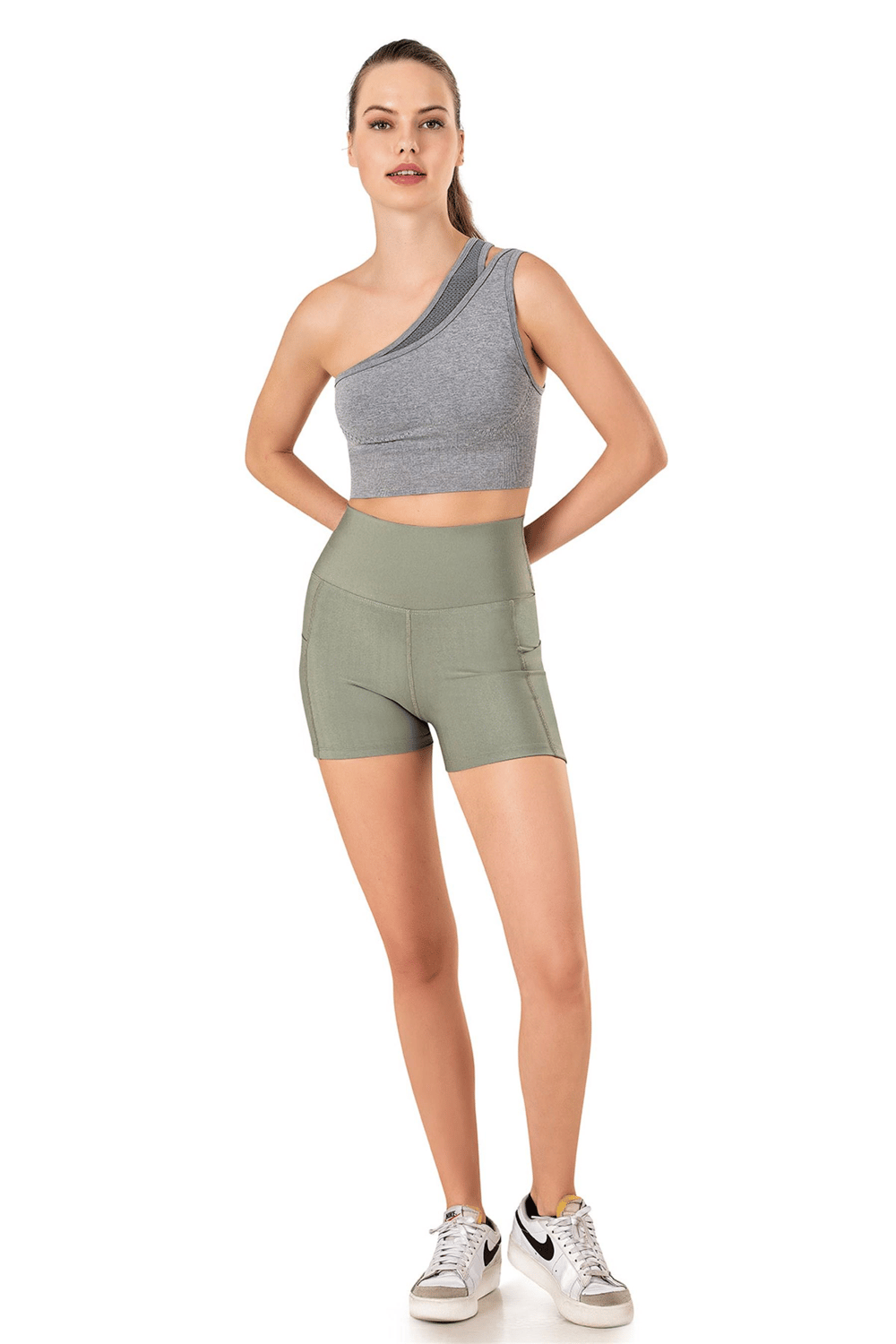 Kadın Gri Dikişsiz Tek Omuz Spor Bralet