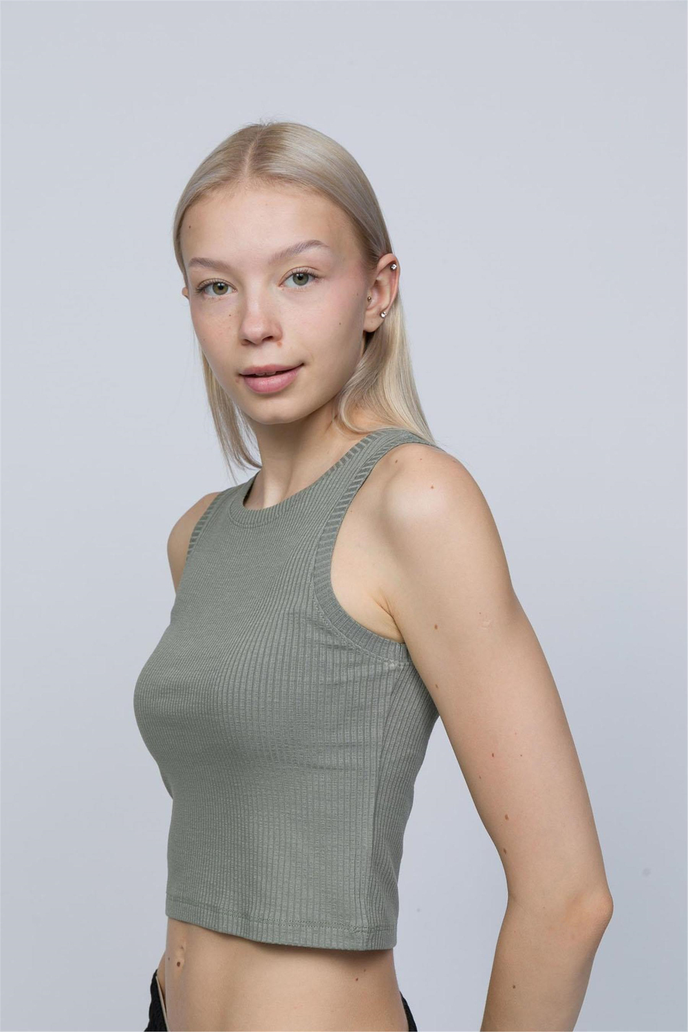 Kadın Haki Halter Yaka Crop