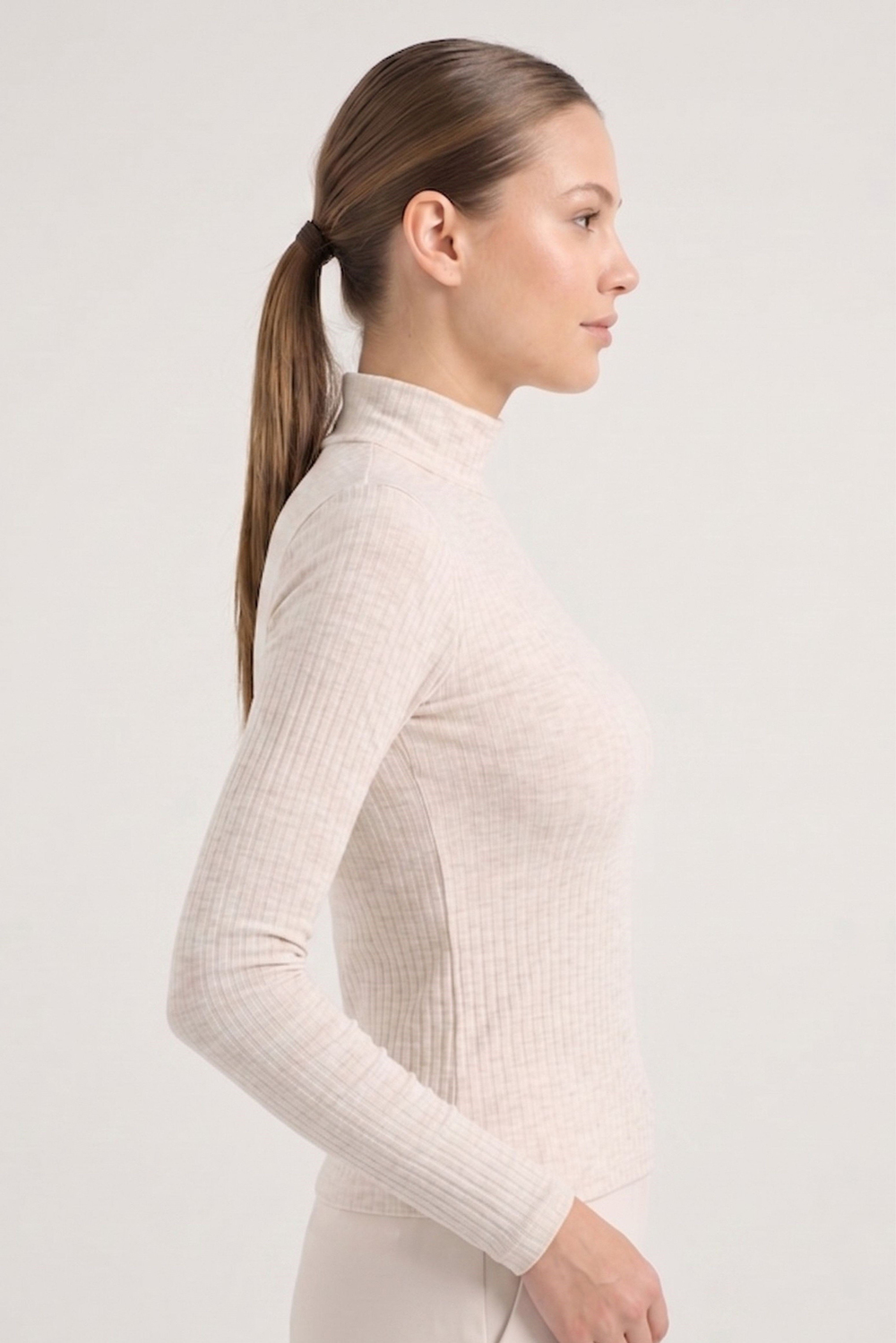 Kadın Kahve Melanj Dik Yaka Uzun Kol Body
