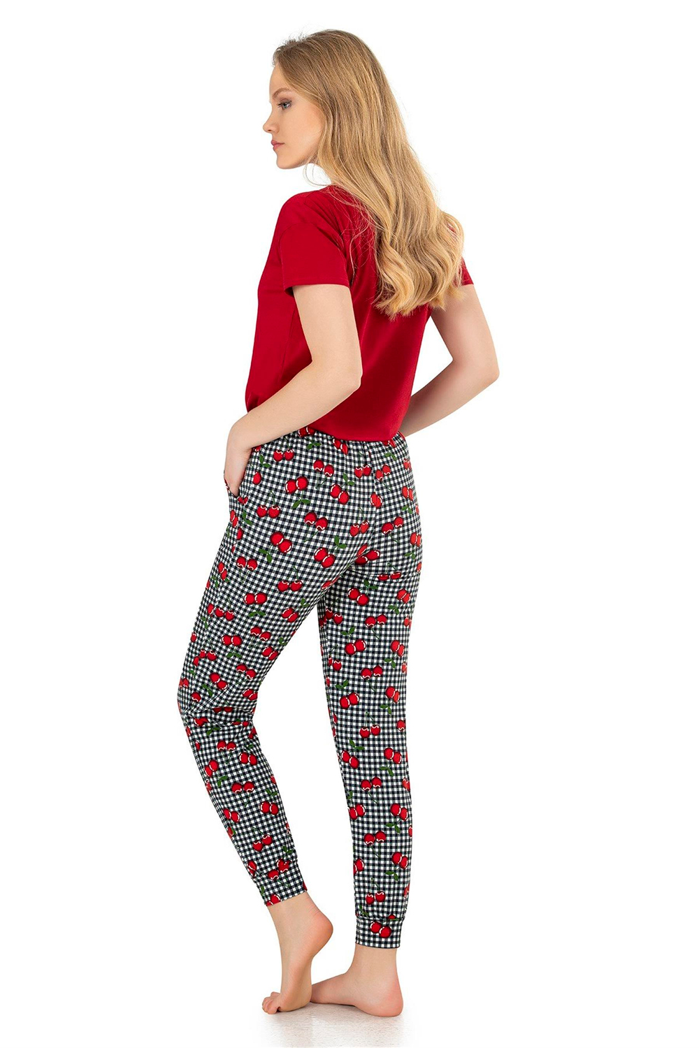Kadın Kiraz Desen Şardonlu Desenli Bant Paça Pijama Altı
