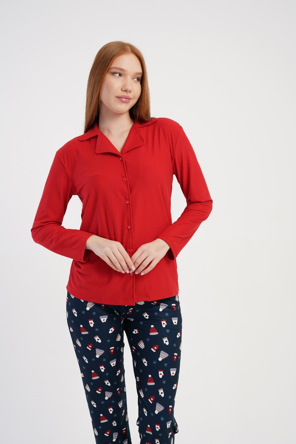 Kadın Kırmızı Marla Gömlek Yaka Düğmeli Uzun Kol Pijama Üstü
