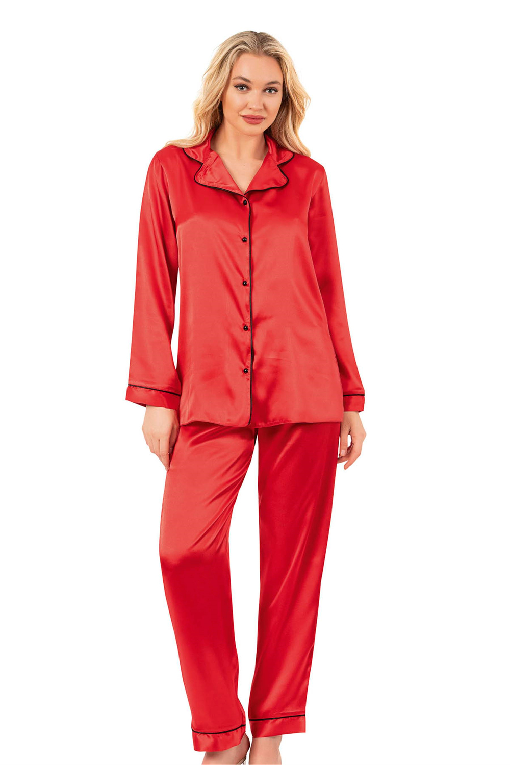 Kadın Kırmızı Saten Pijama Üstü