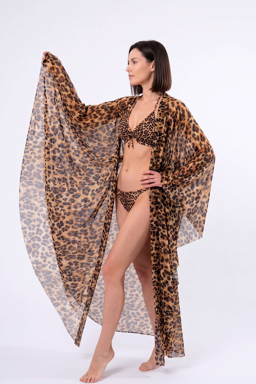 Kadın Leopar Desen Yarasa Kollu Uzun Kaftan Pareo