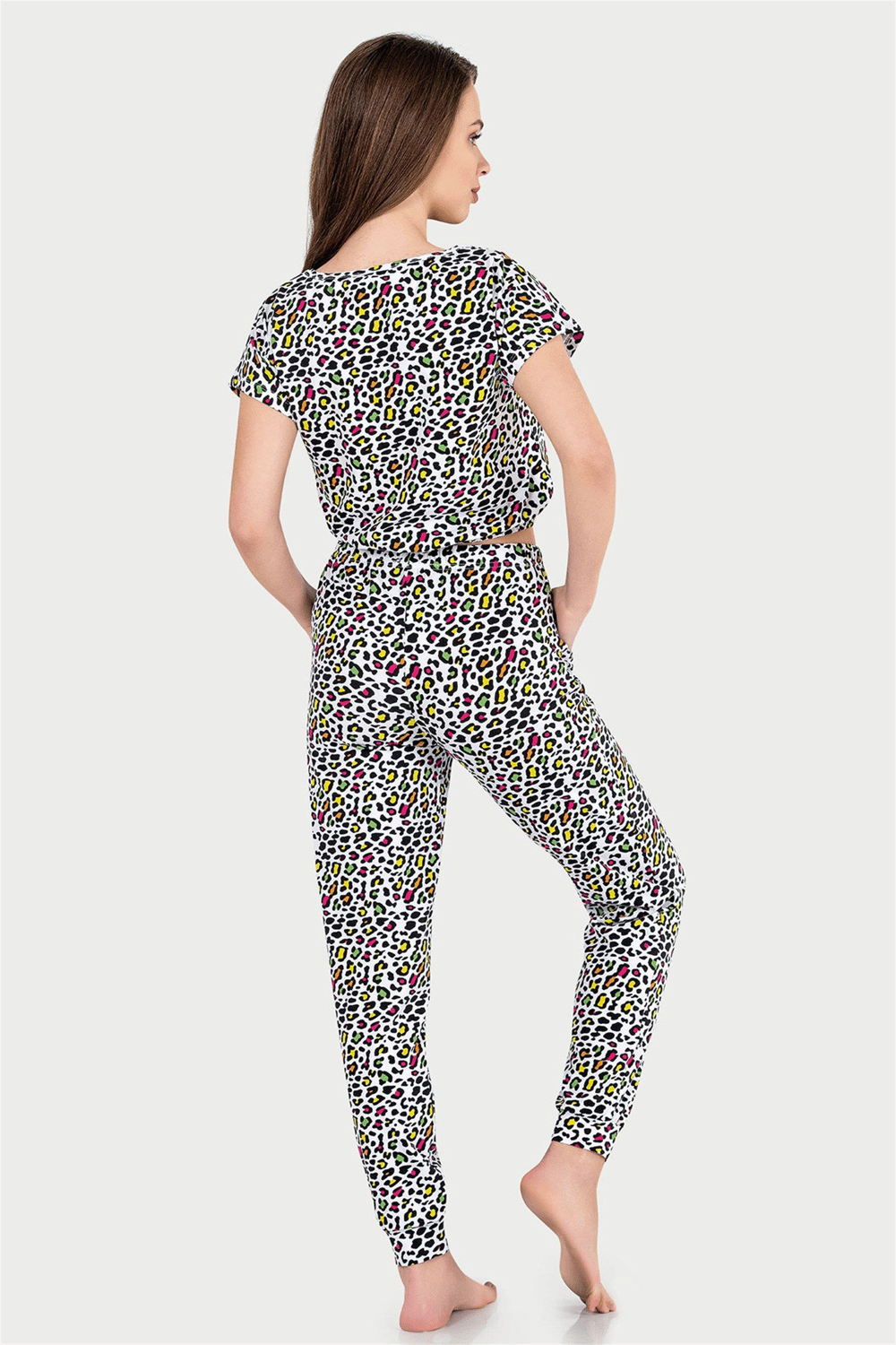Kadın Leopar Renkli Desen Yarım Kol Crop