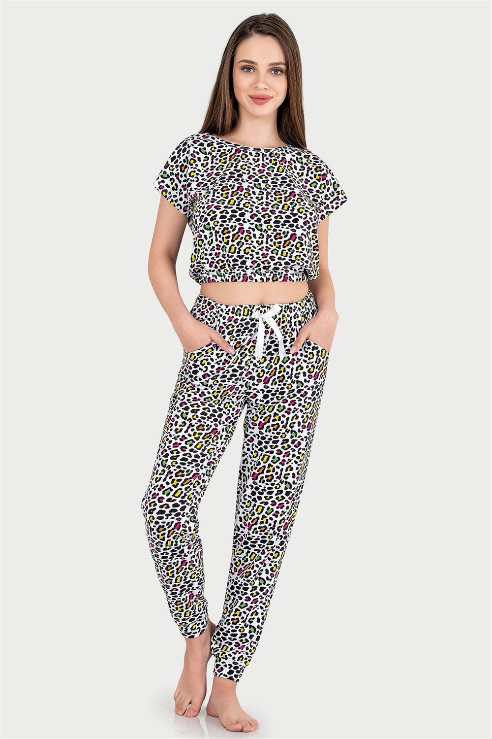 Kadın Leopar Renkli Desen Yarım Kol Crop