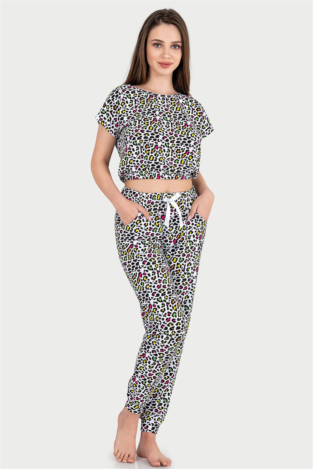 Kadın Leopar Renkli Desen Yarım Kol Crop