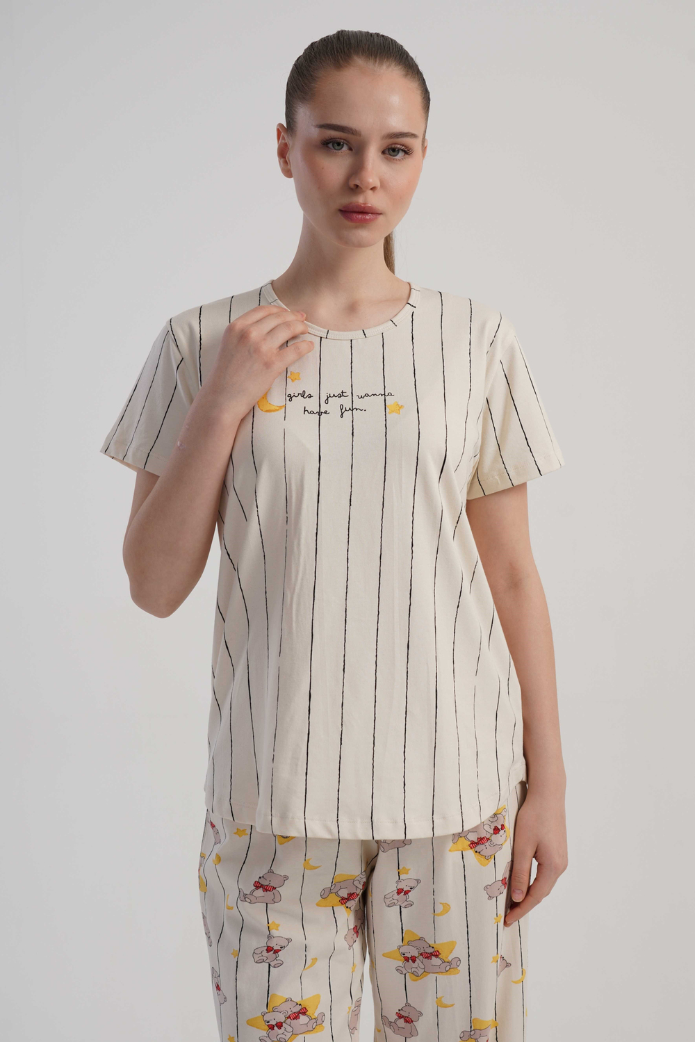 Kadın Bej Lyc Suprem Kısa Kol Pijama Üstü