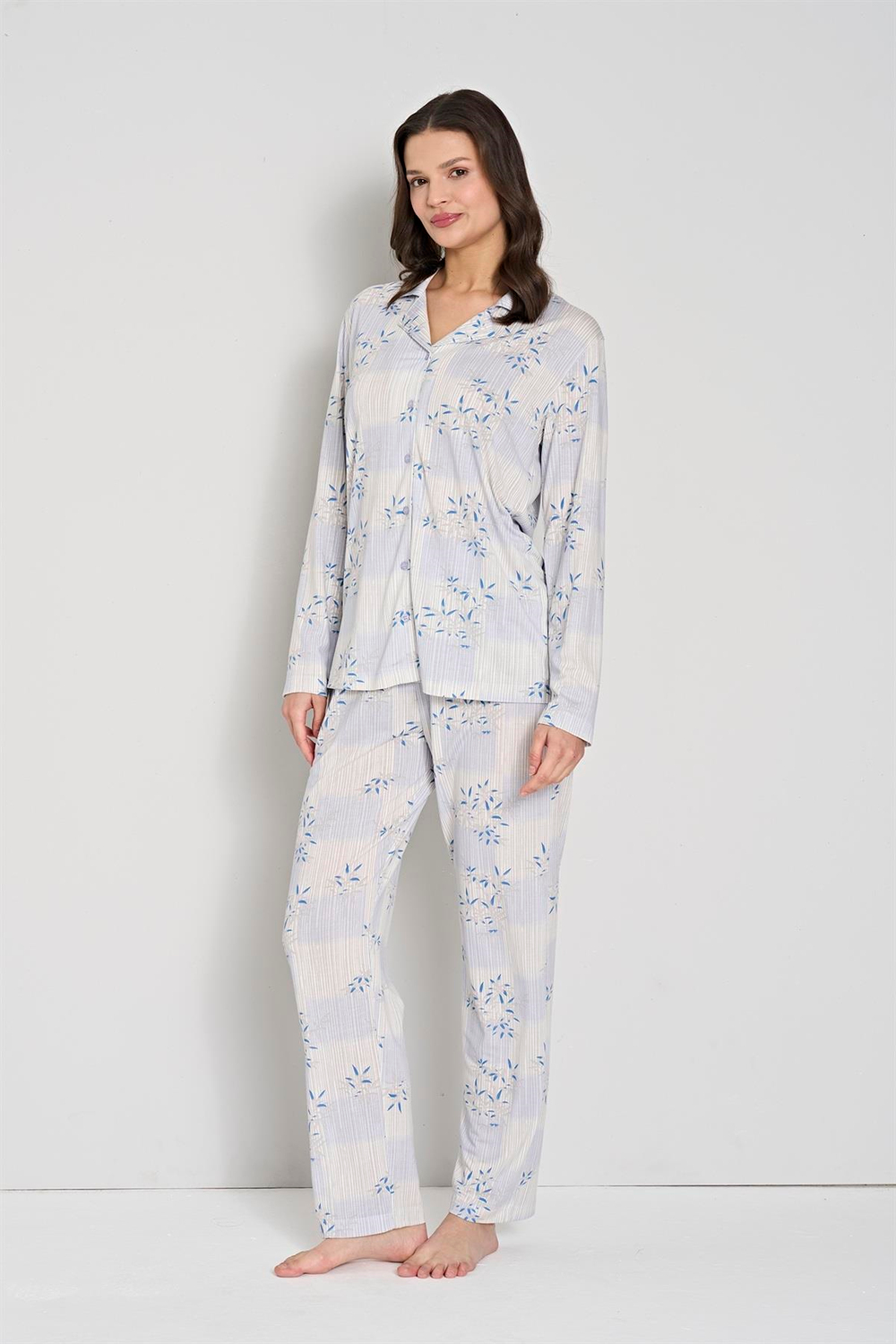 Kadın Mavi Önden Düğmeli Pijama Takım