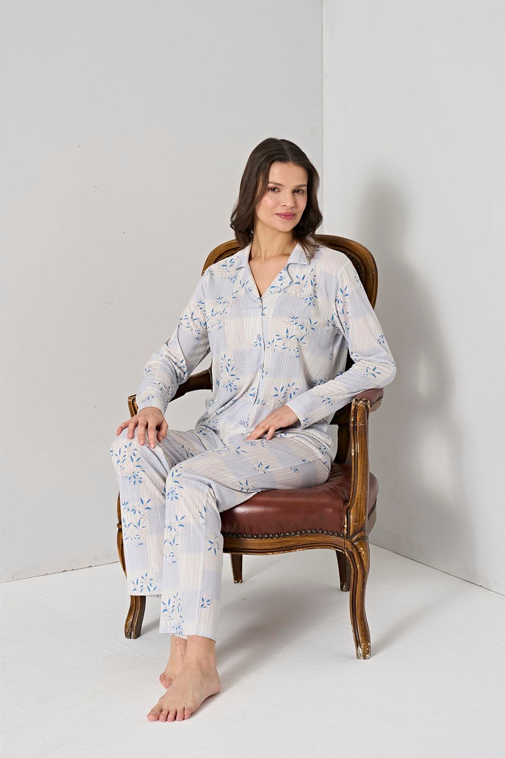 Kadın Mavi Önden Düğmeli Pijama Takım