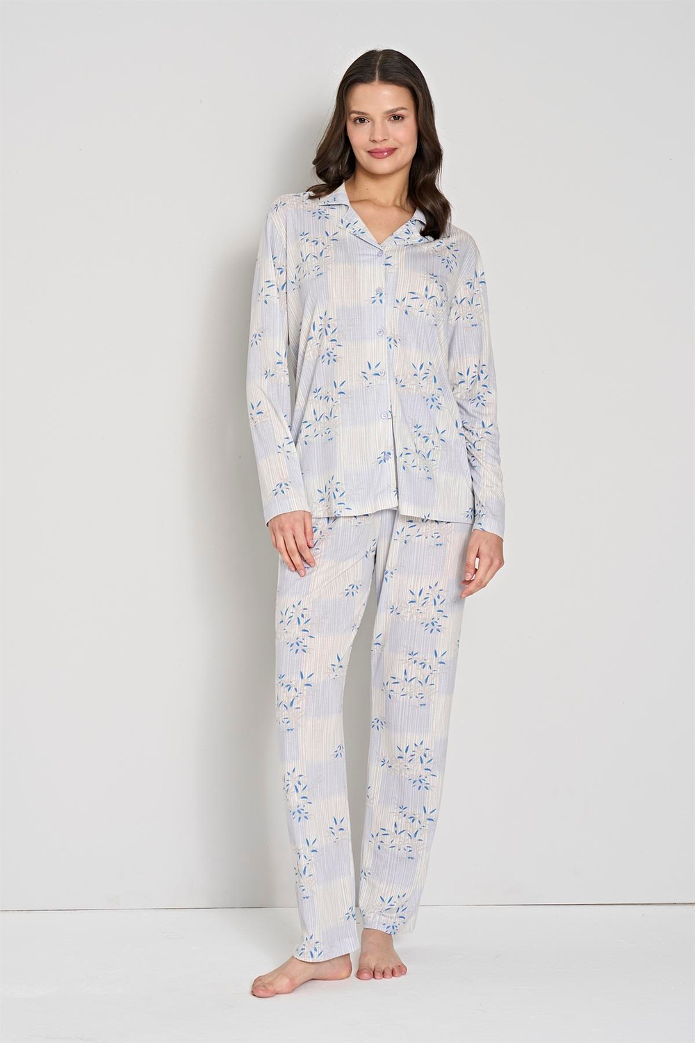 Kadın Mavi Önden Düğmeli Pijama Takım
