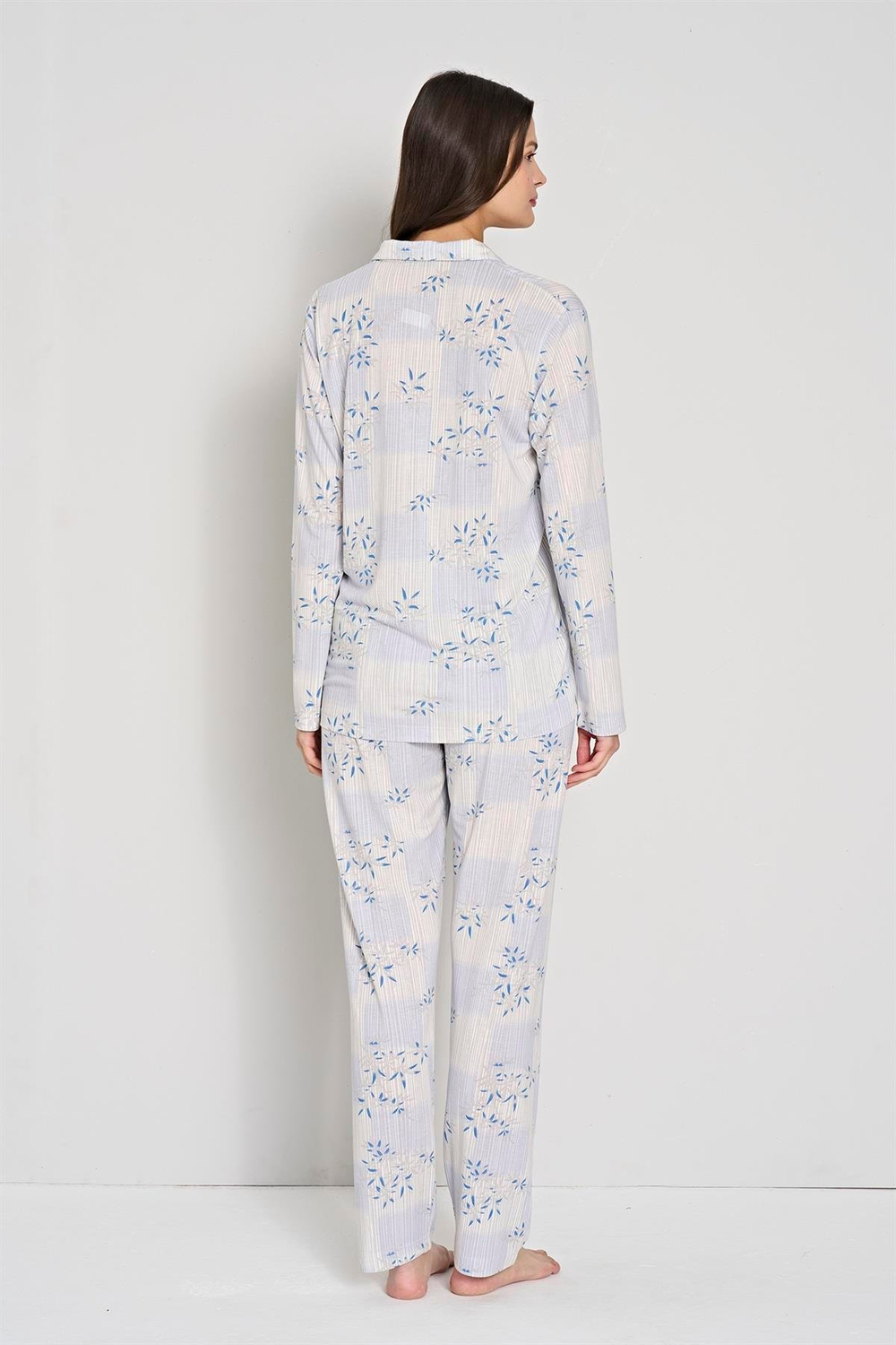 Kadın Mavi Önden Düğmeli Pijama Takım