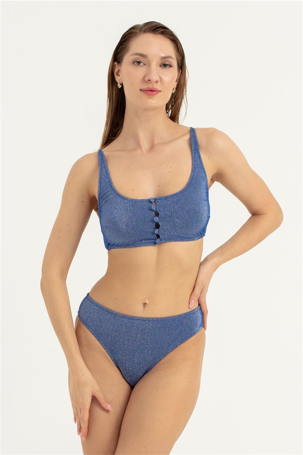 Kadın Mavi Önü Düğme Detay Simli Bikini Takım