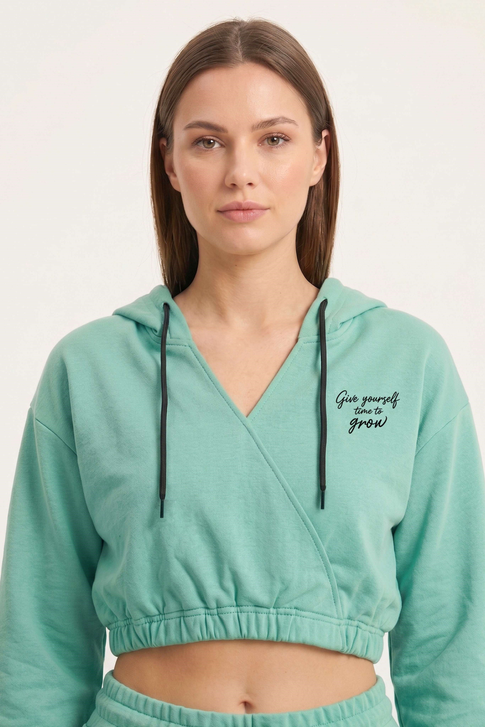 Kadın Mint Yeşil Kapüşonlu Crop Sweat