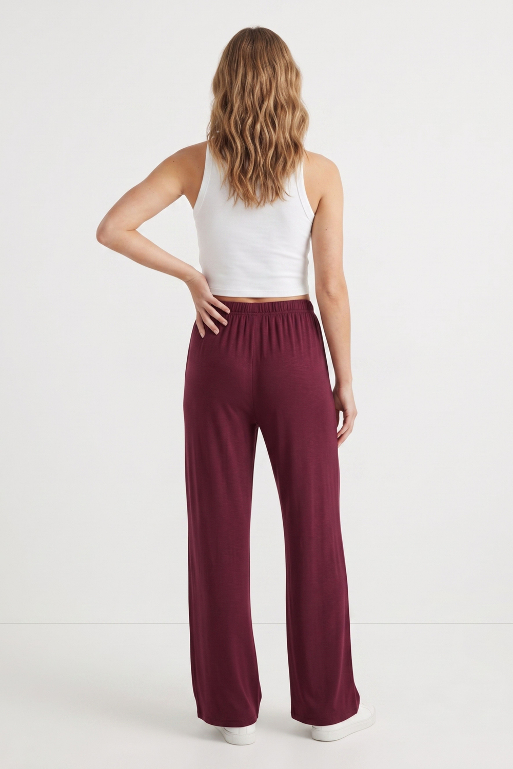 Kadın Mürdüm Beli Lastikli Bağcıklı Bol Paça Pantolon