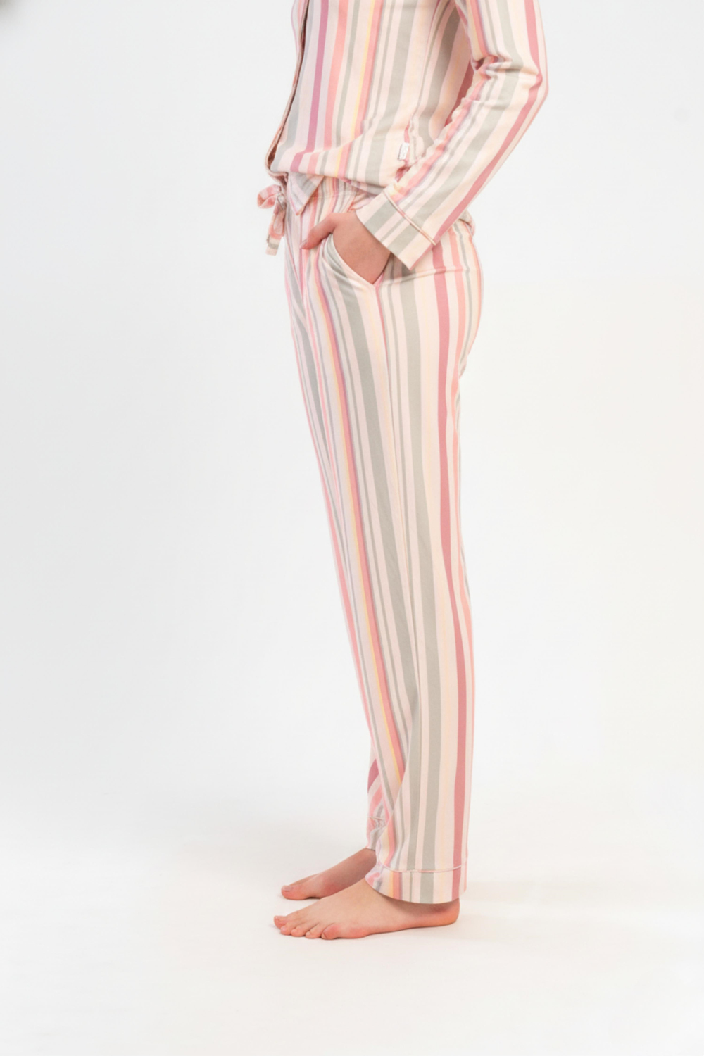 Kadın Pembe Çizgili Marka Cepli Pijama Altı