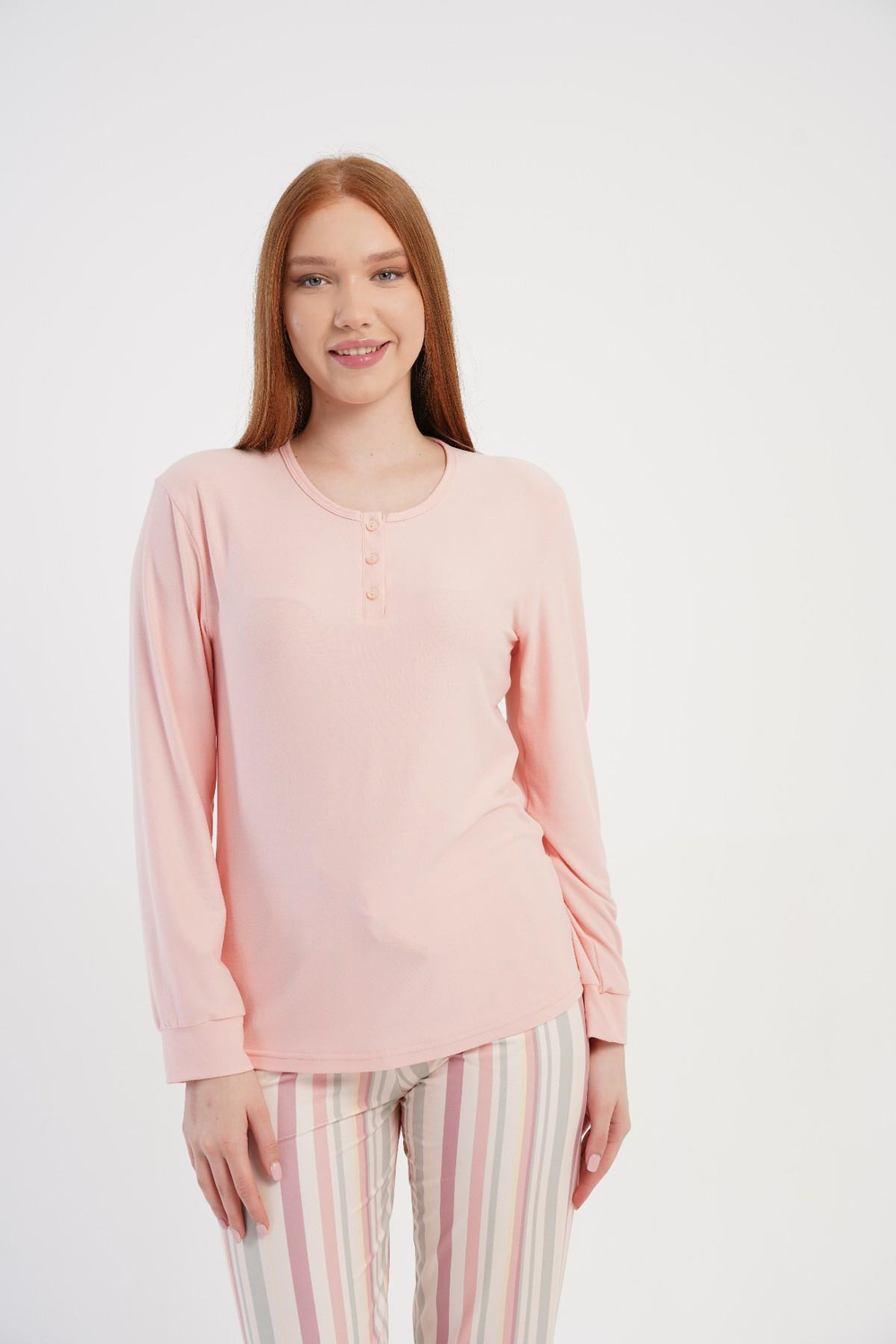 Kadın Pembe Marla Patlı Kolucu Manşetli Pijama Üstü