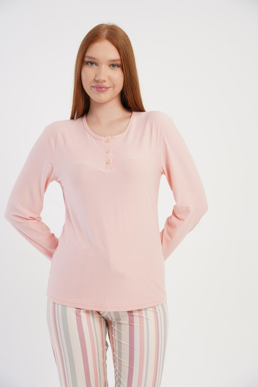 Kadın Pembe Marla Patlı Kolucu Manşetli Pijama Üstü