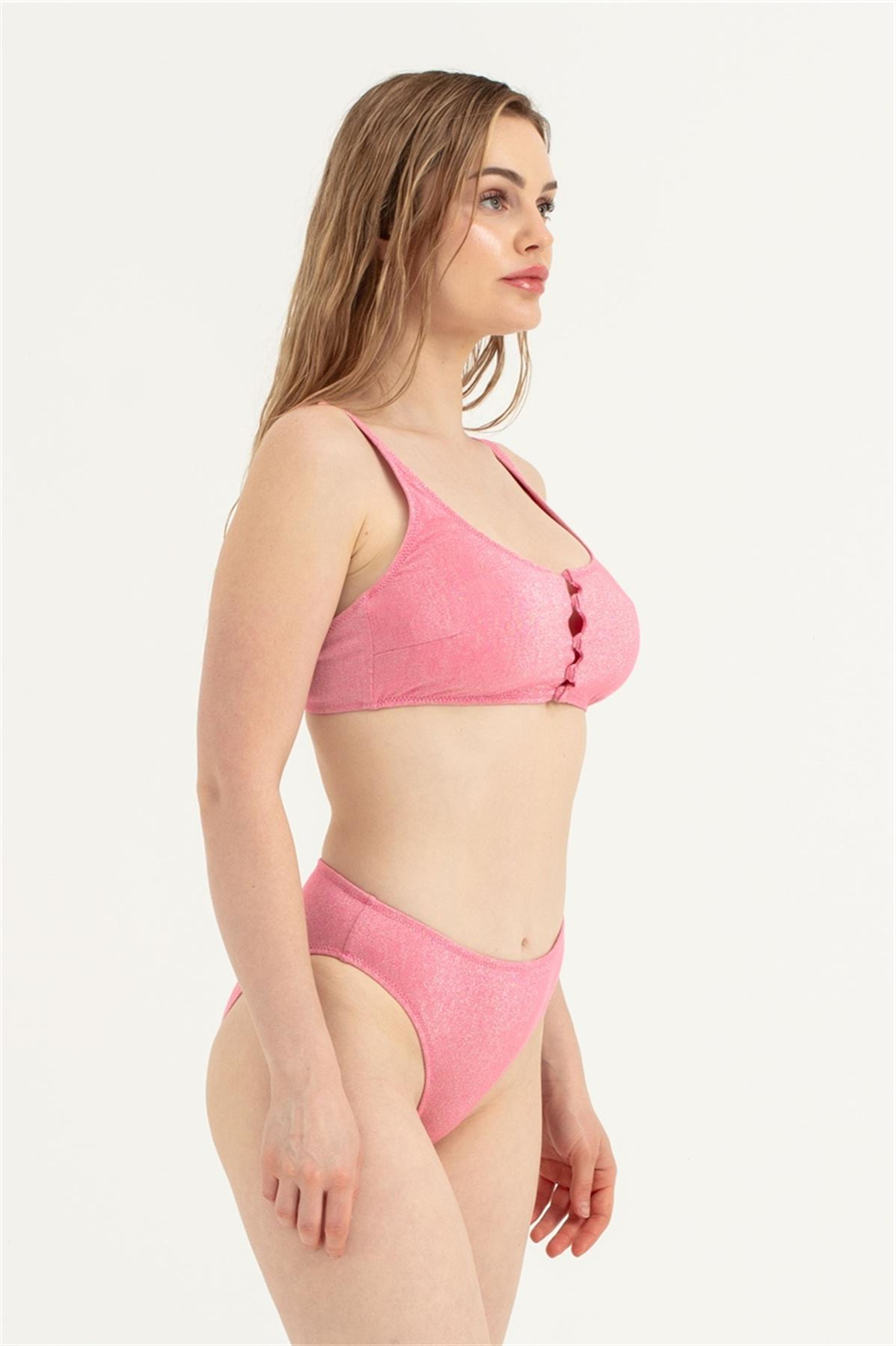 Kadın Pembe Önü Düğme Detay Simli Bikini Takım