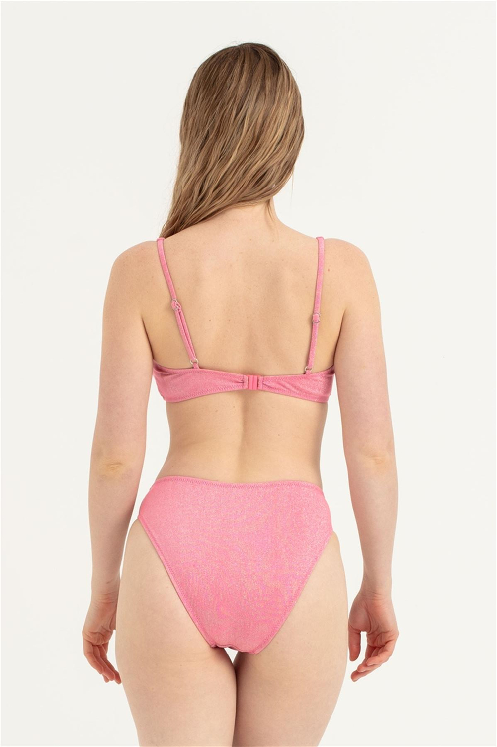 Kadın Pembe Önü Düğme Detay Simli Bikini Takım