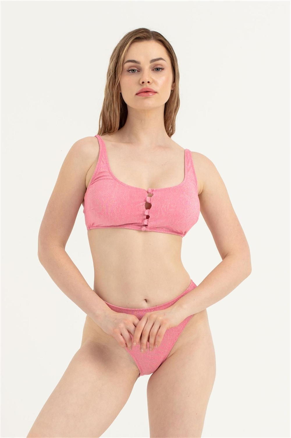 Kadın Pembe Önü Düğme Detay Simli Bikini Takım