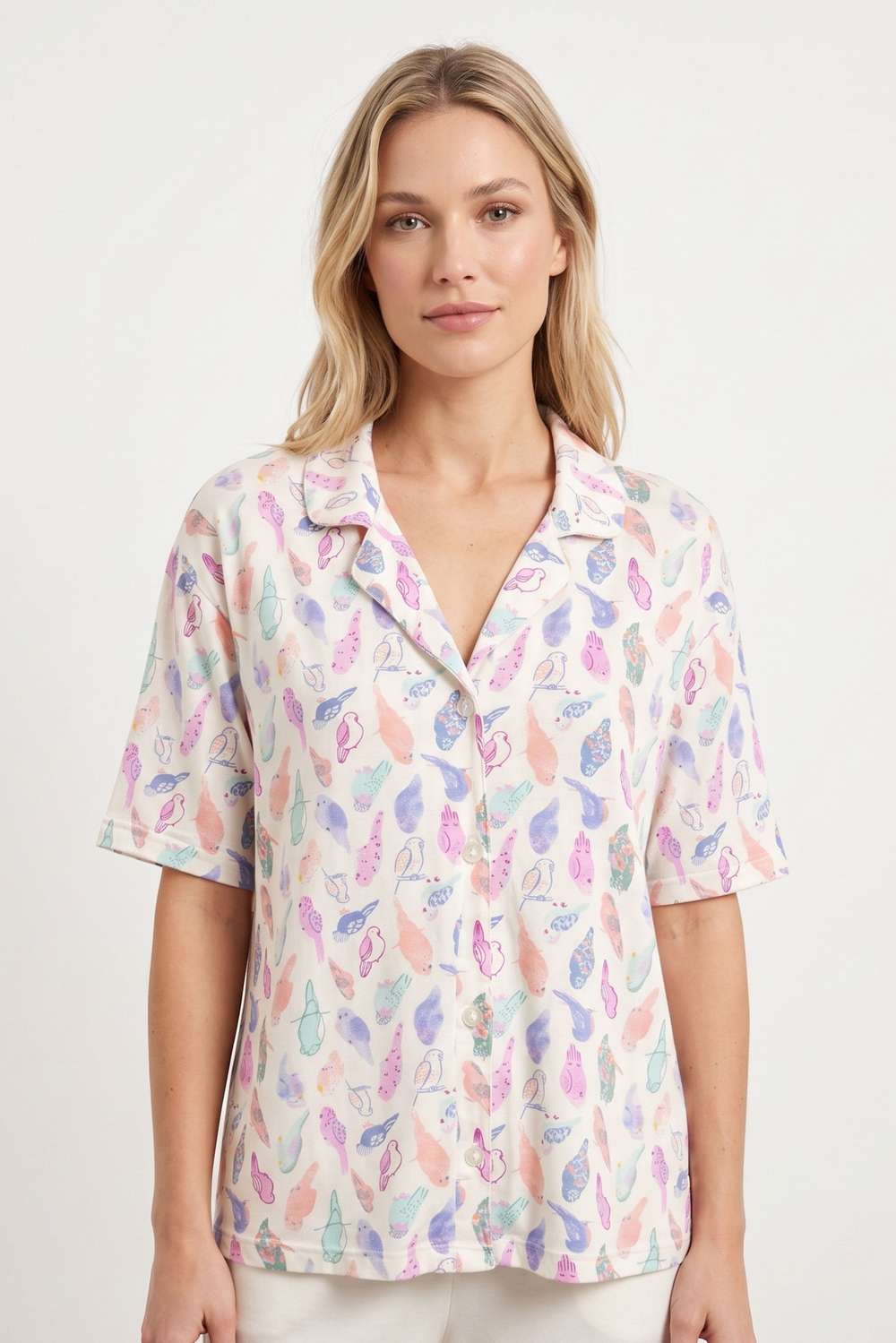 Kadın Renkli Kuş Desen Önden Düğmeli Penye Pijama Üstü