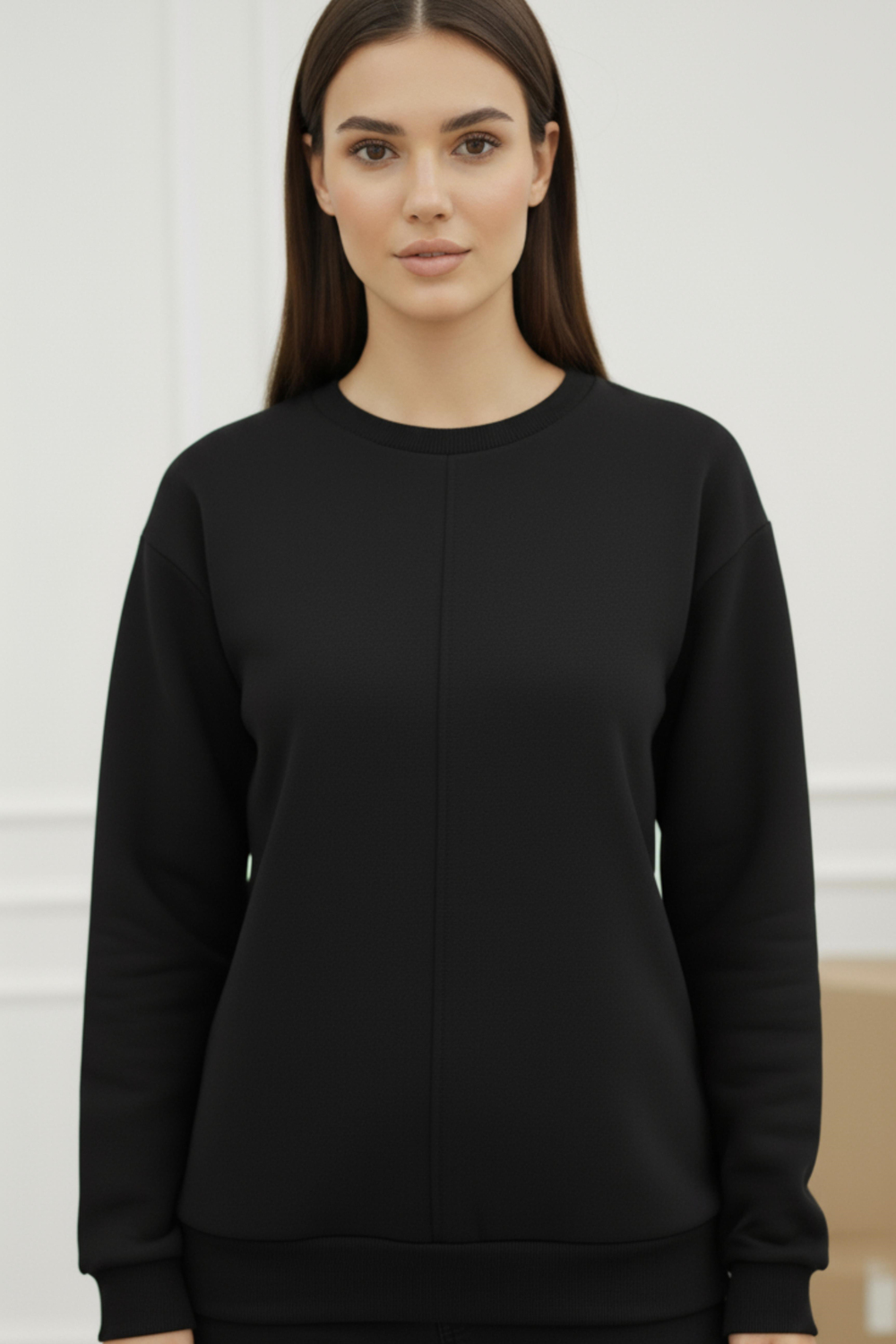 Kadın Siyah 3 İplik Şardonlu Oversize Sweat