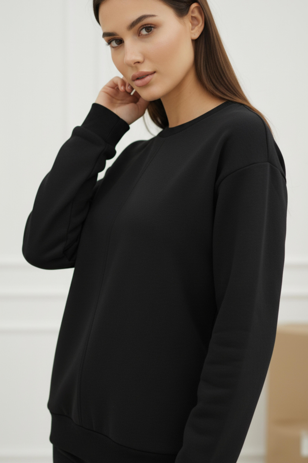 Kadın Siyah 3 İplik Şardonlu Oversize Sweat