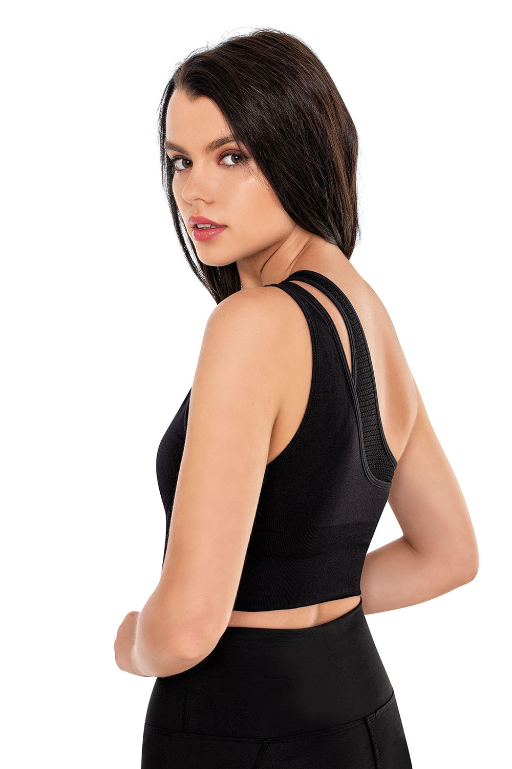 Kadın Siyah Dikişsiz Tek Omuz Spor Bralet
