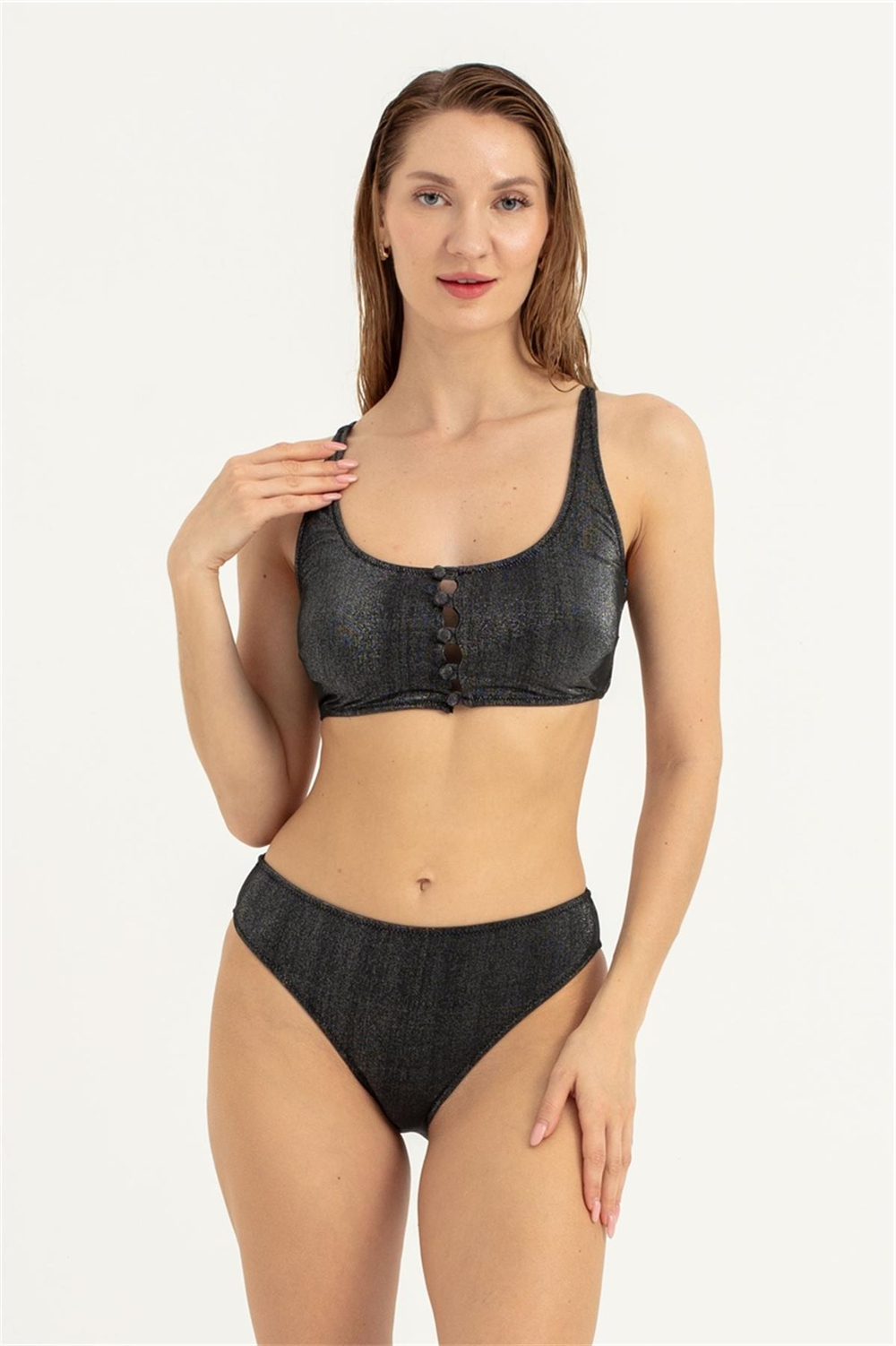 Kadın Siyah Önü Düğme Detay Simli Bikini Takım