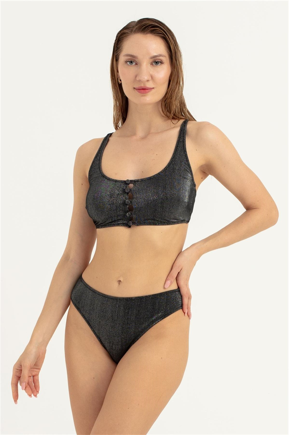 Kadın Siyah Önü Düğme Detay Simli Bikini Takım