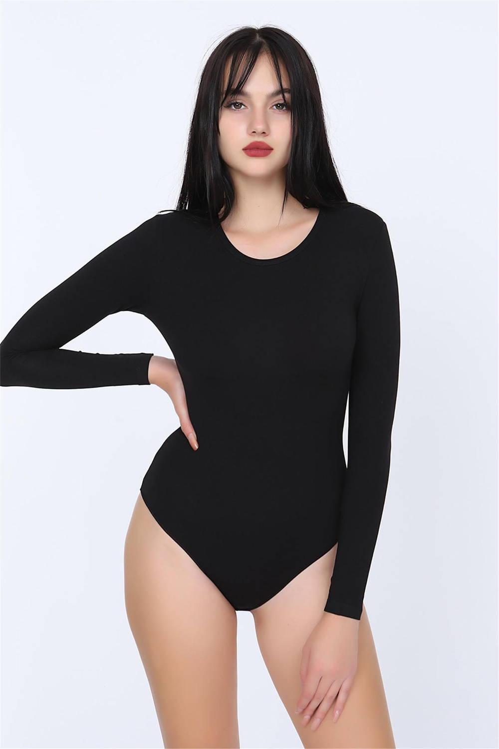 Kadın Siyah Sıfır Yaka Penye Uzun Kol Body