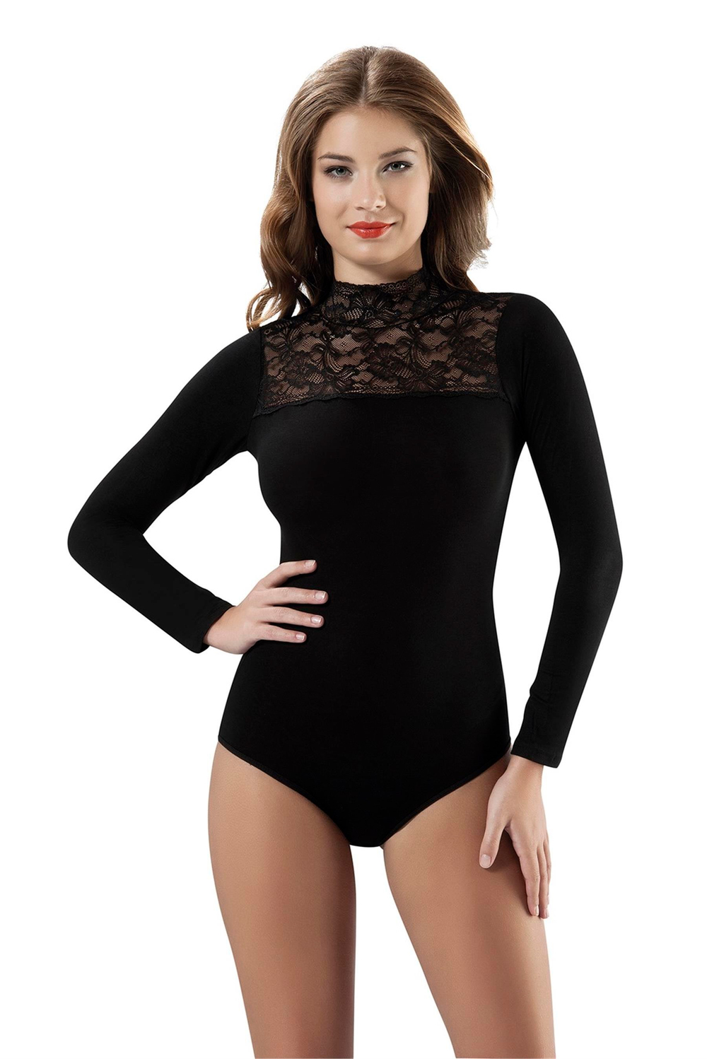 Kadın Siyah Yakası Dantel Detay Uzun Kol Çıtçıtlı Body
