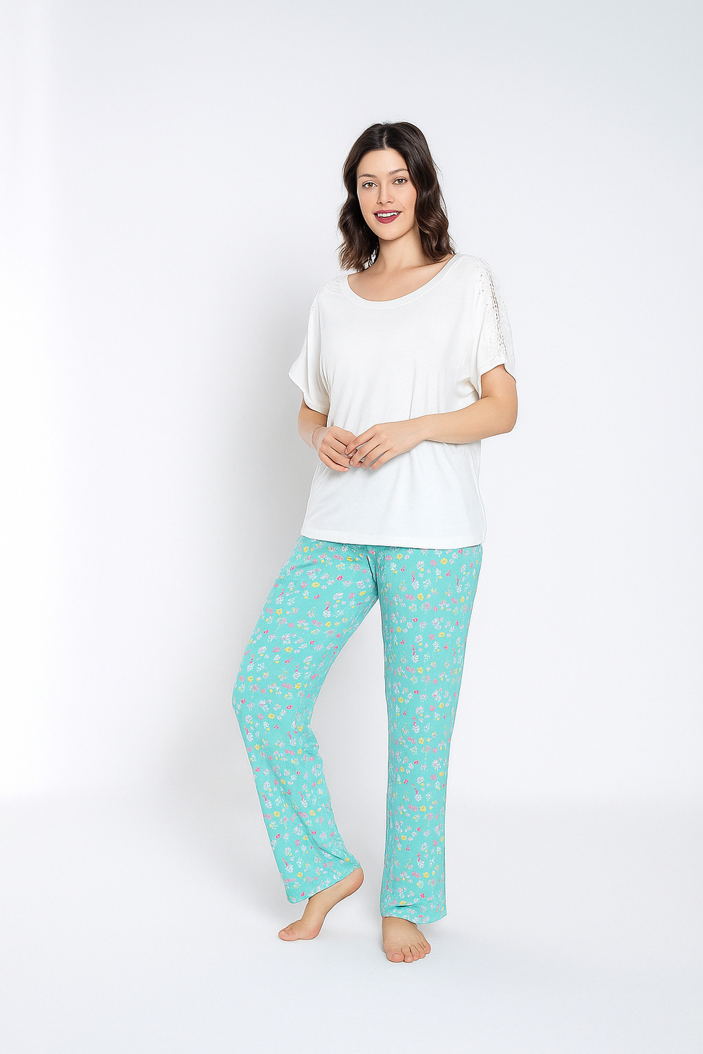 Kadın Turkuaz Çiçek Desen Pijama Uzun Alt